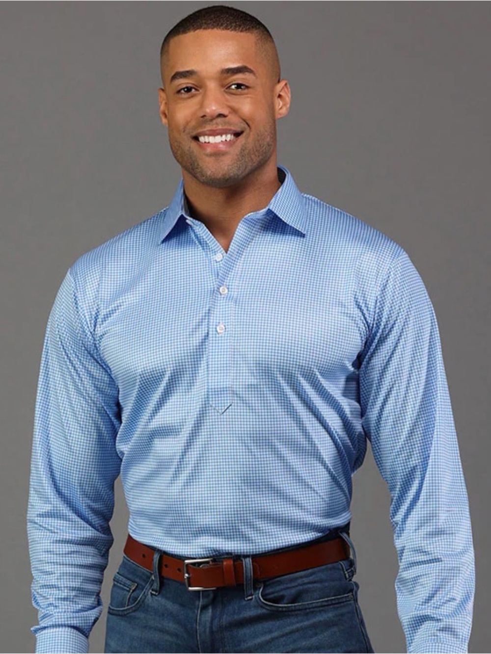 Collars & Co Long Sleeve Semi-Spread Collar Polo Light Blue Micro Gingham NEW